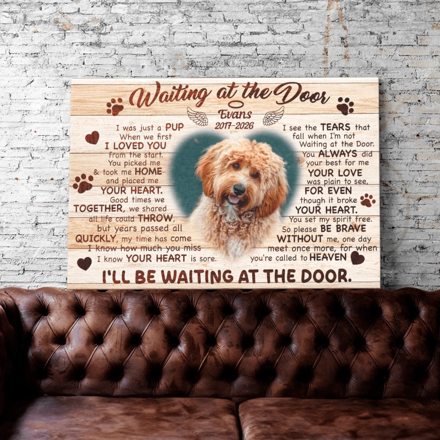 Custom dog memorial canvas featuring a pet photo with Waiting at the Door poem for a cherished dog loss keepsake.