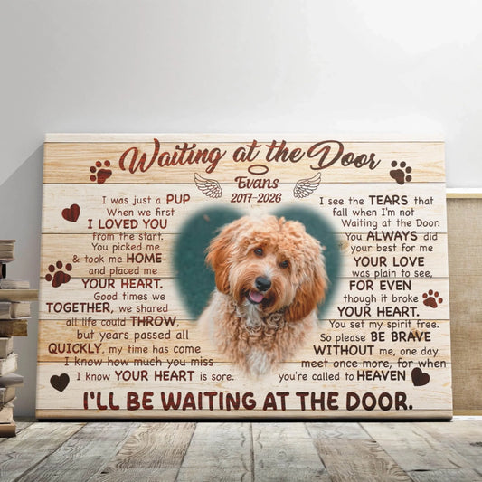 Custom dog memorial canvas featuring a pet photo, name, and memorial dates, a touching sympathy gift for pet loss.