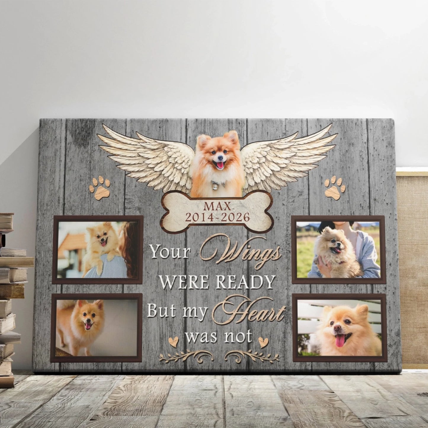 Custom dog memorial canvas featuring four photos, angel wings, and a sentimental quote for pet loss remembrance gift.