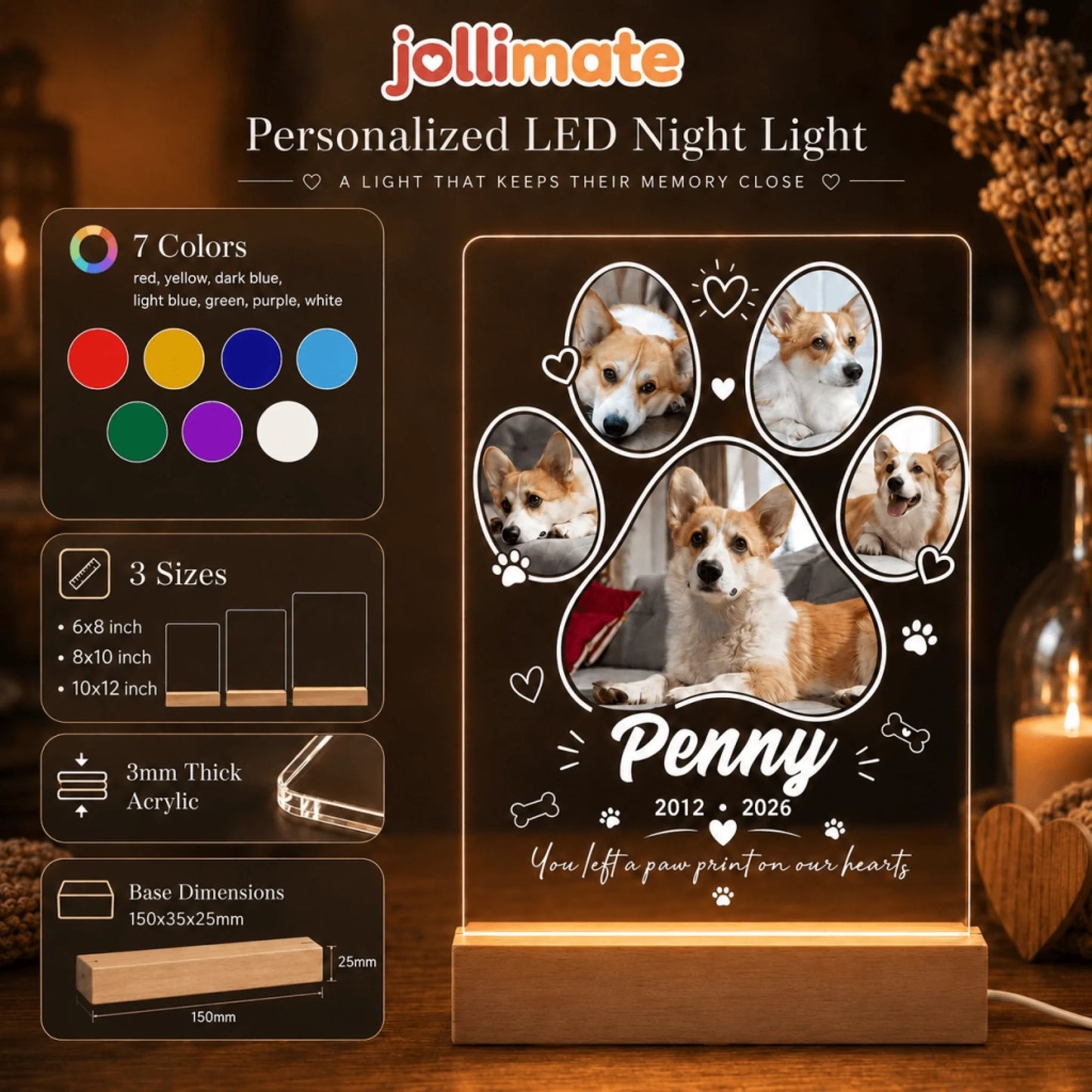 Custom dog memorial LED night light with 5 photo slots, showing color options, 3 sizes, and acrylic thickness.
