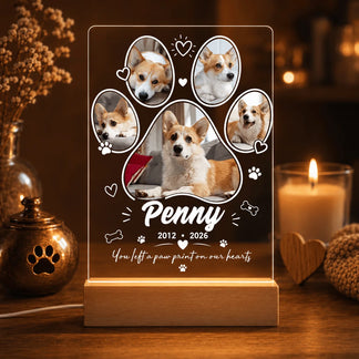 Custom pet memorial LED night light with 5 photo slots, pet name Penny, dates, and sympathy quote for dog loss gift.