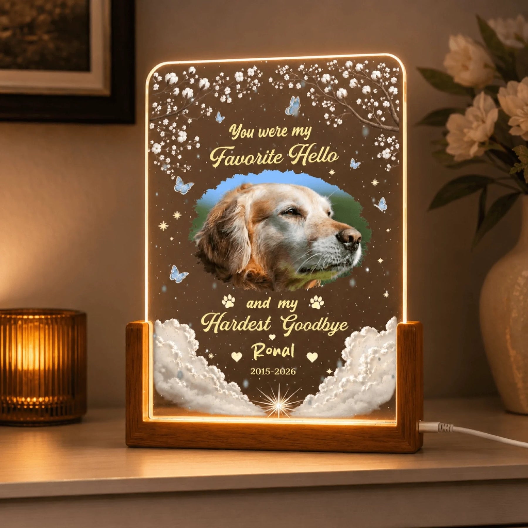 Custom dog memorial light with warm LED glow, featuring a photo of a golden retriever and a heartfelt tribute quote.
