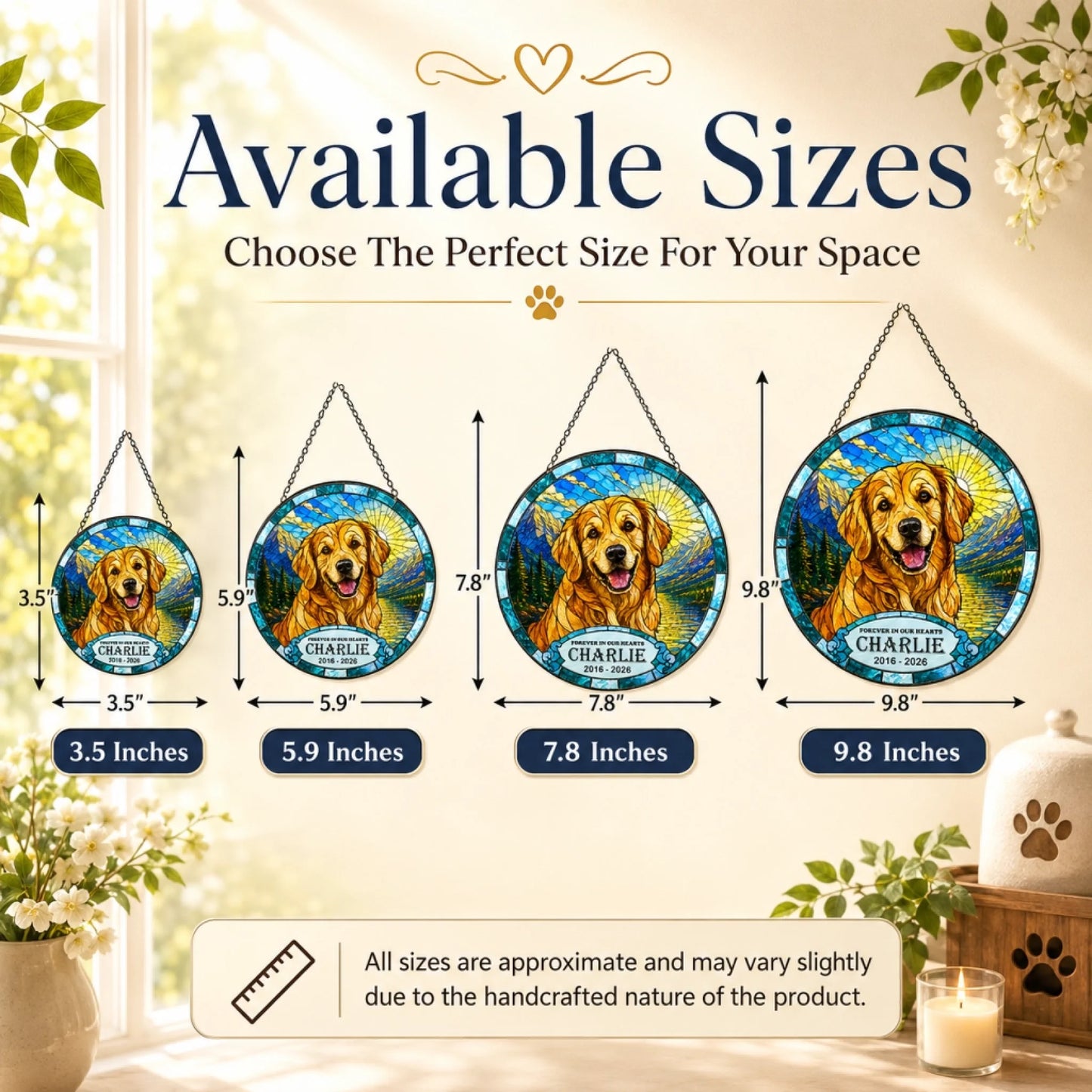 Size chart showing available dimensions for a custom golden retriever memorial suncatcher for pet loss remembrance.
