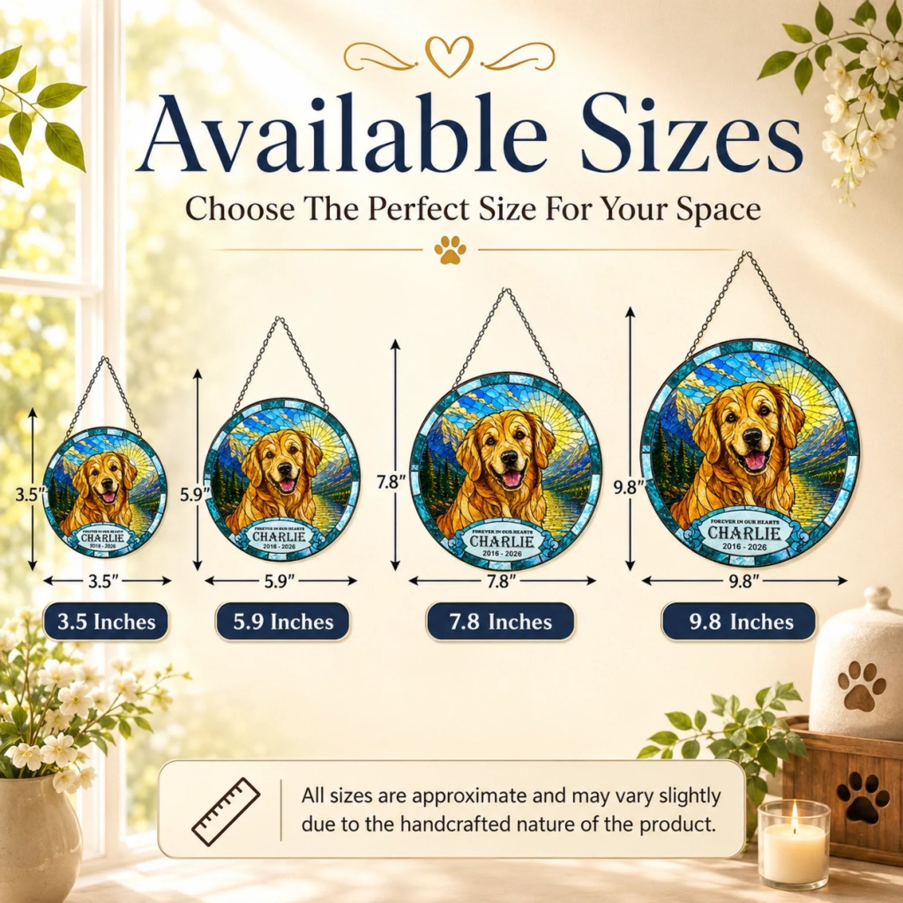 Size chart showing available dimensions for a custom golden retriever memorial suncatcher for pet loss remembrance.