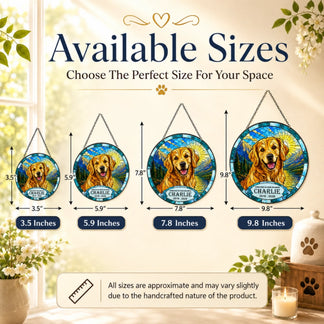 Size chart showing available dimensions for a custom golden retriever memorial suncatcher for pet loss remembrance.