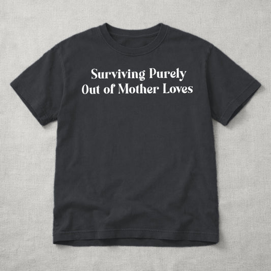 Black t-shirt with white text on a gray background