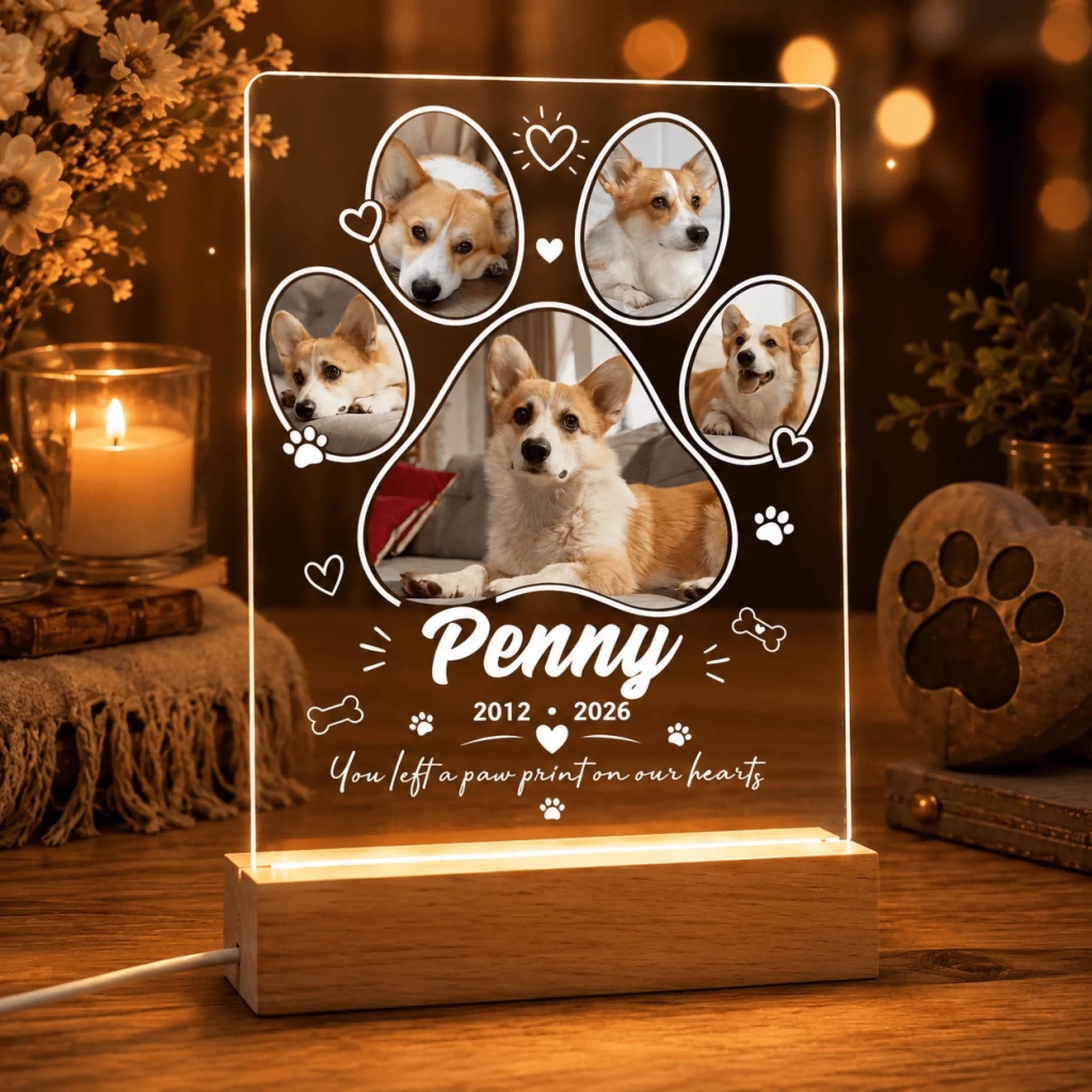 Custom acrylic night light memorial gift featuring pet photos, paw print shape, name Penny, and sentimental quote.