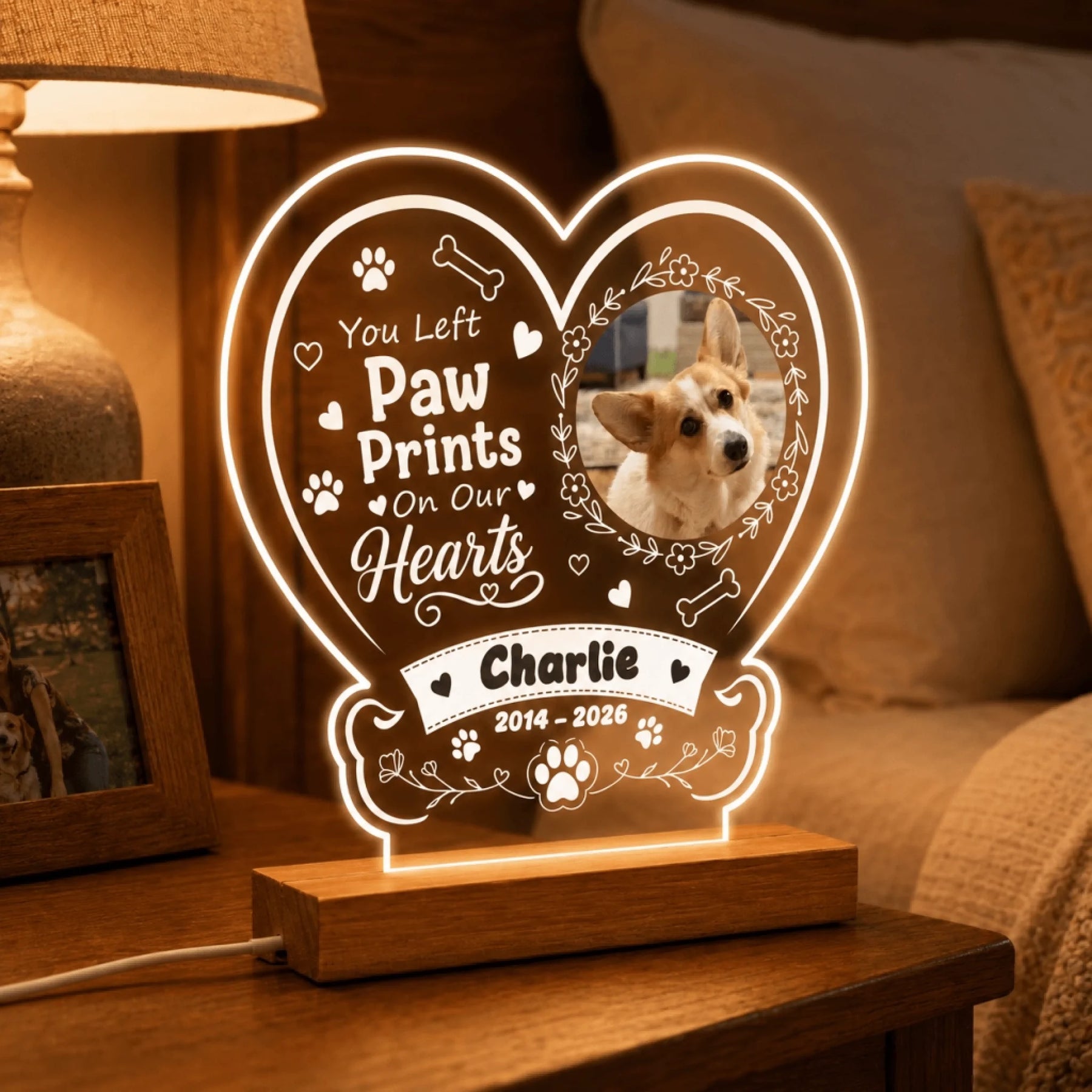 Custom pet memorial LED lamp in heart shape with photo name and dates ideal as a heartfelt sympathy gift for dog owners.