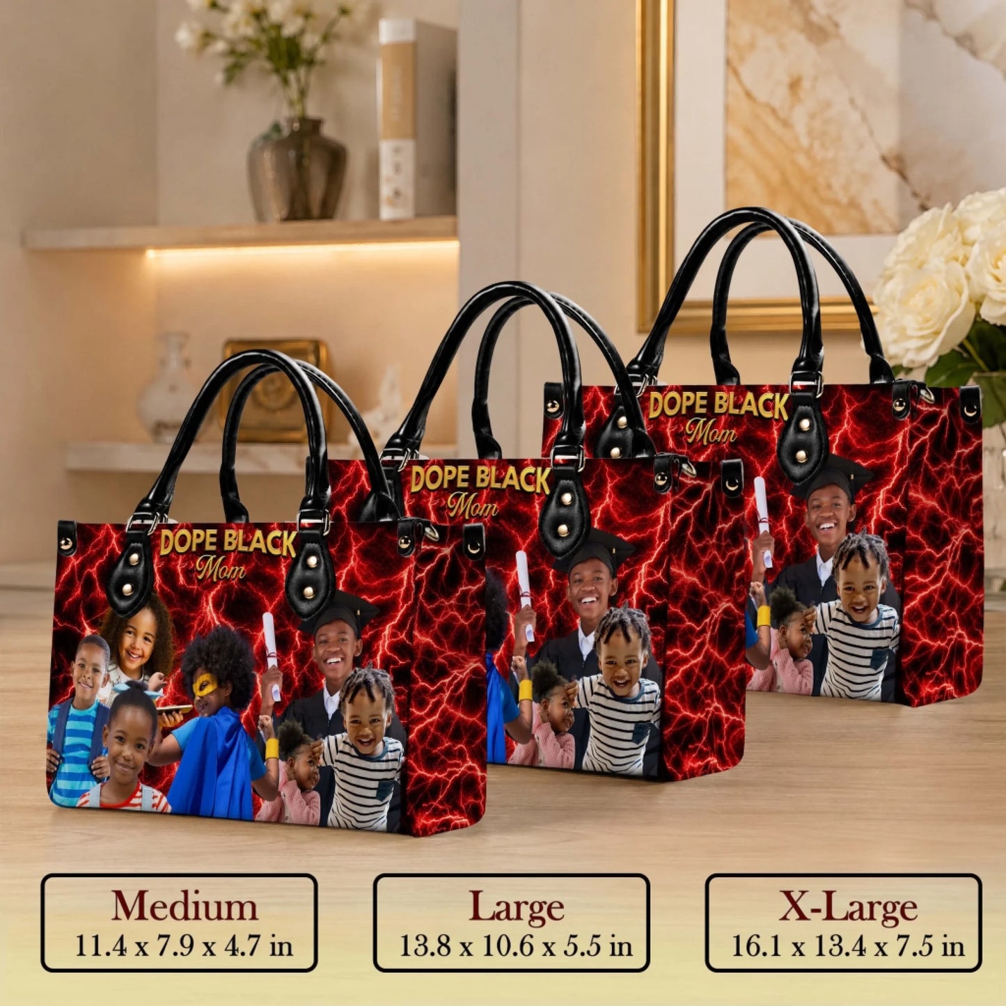 Three sizes of a custom photo leather handbag for moms, displaying a red lightning background and family portraits.