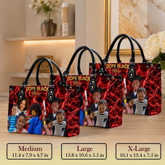 Three sizes of a custom photo leather handbag for moms, displaying a red lightning background and family portraits.