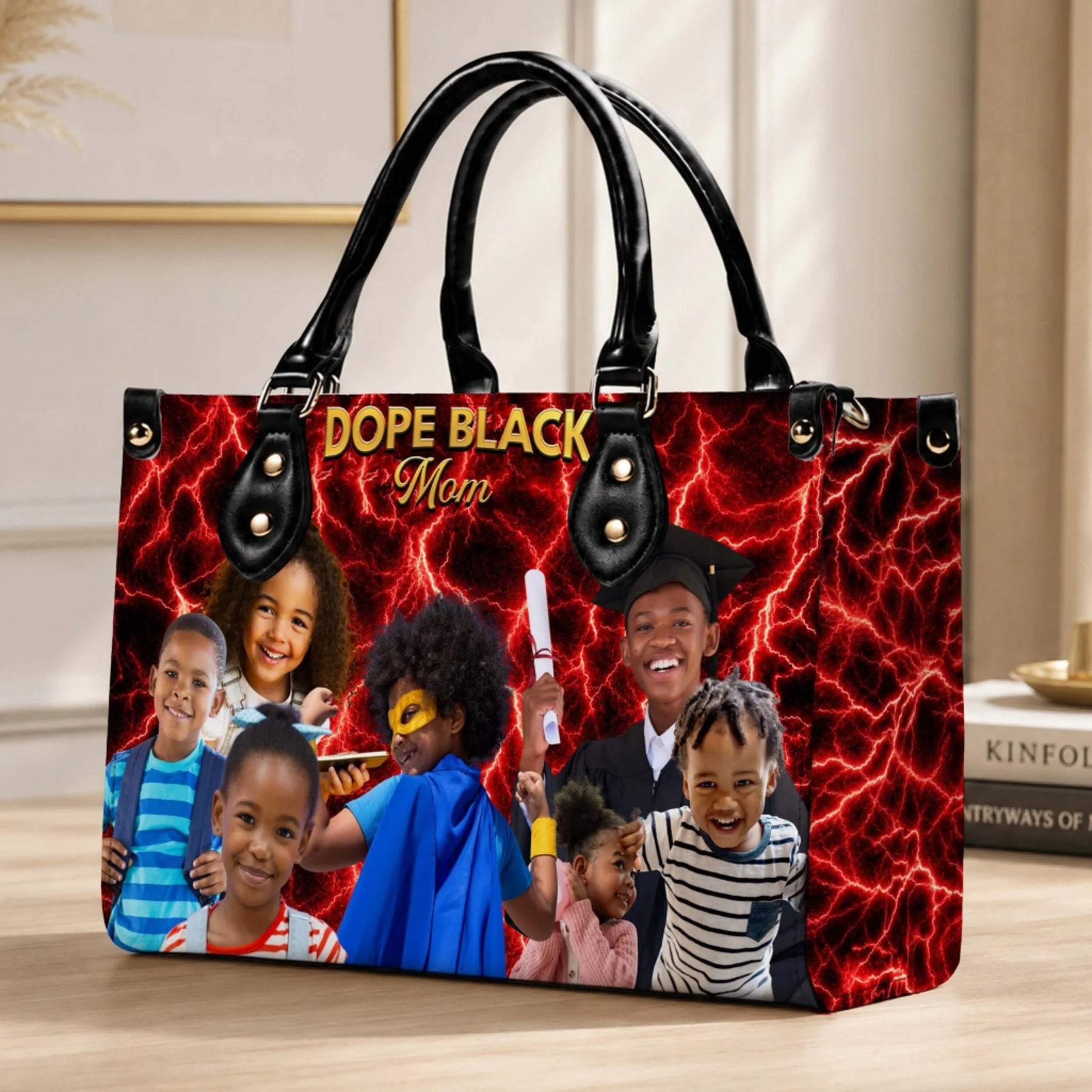 Fashionable personalized handbag featuring custom family photos and a Dope Black Mom design on a striking red lightning background.