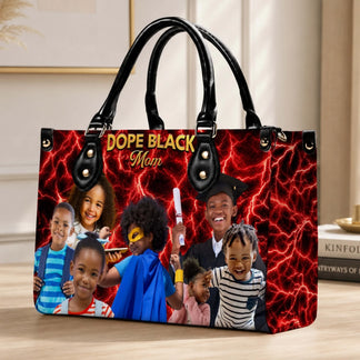 Fashionable personalized handbag featuring custom family photos and a Dope Black Mom design on a striking red lightning background.