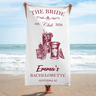 Personalized bachelorette party beach towel featuring cocktail art custom name Emma and Scottsdale AZ location