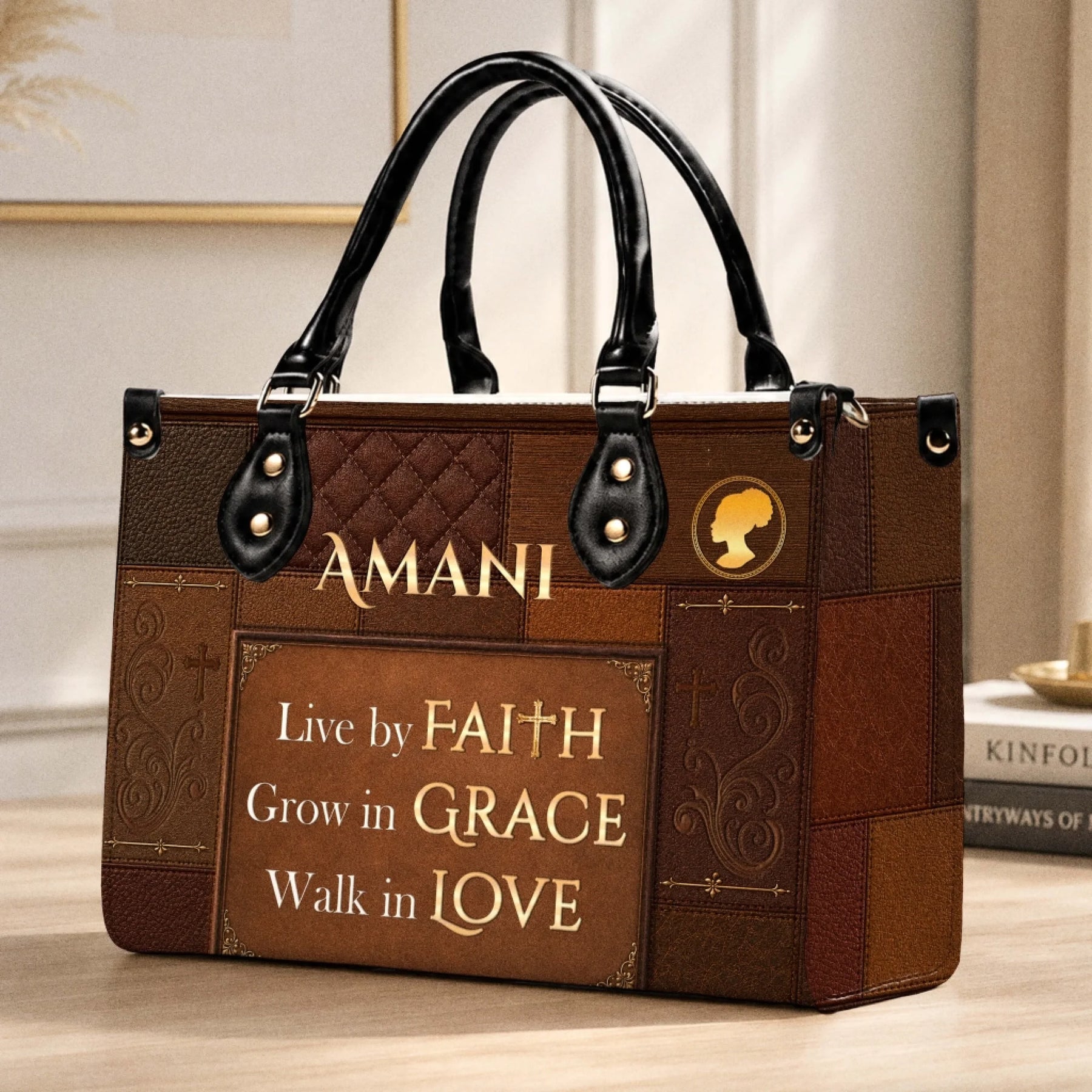 Personalized brown faux leather tote bag featuring the name Amani and religious quotes Live by Faith Grow in Grace Walk in Love.