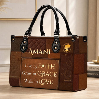 Personalized brown faux leather tote bag featuring the name Amani and religious quotes Live by Faith Grow in Grace Walk in Love.