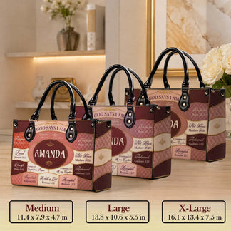 Three sizes of a personalized Amanda faith-themed leather handbag tote shown in medium, large, and extra large dimensions.