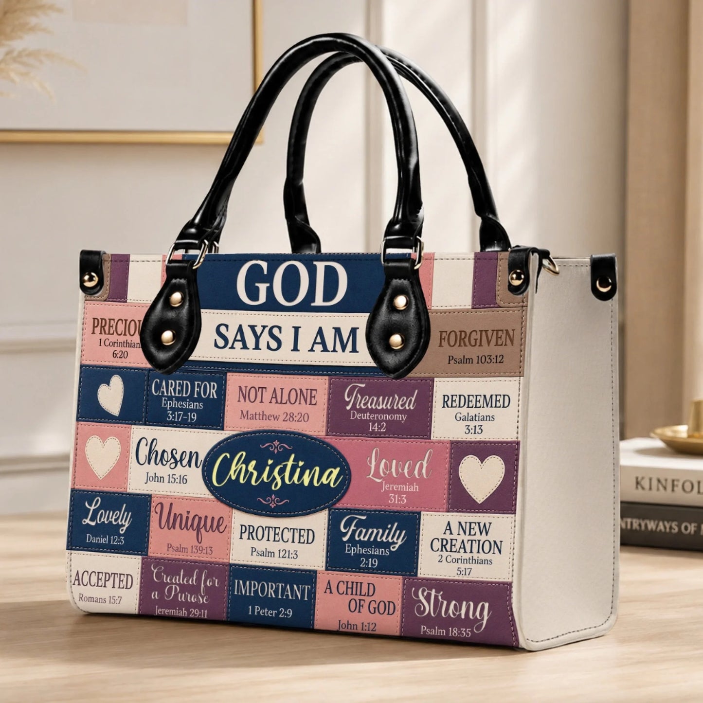 Stylish faith-themed tote bag featuring Bible verses and a custom name plaque, designed for Christian women.