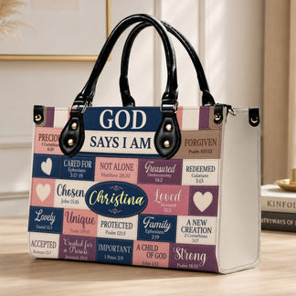 Stylish faith-themed tote bag featuring Bible verses and a custom name plaque, designed for Christian women.