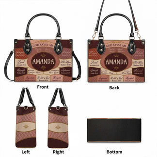 Front back and side profile views of a custom Amanda religious tote bag showcasing its durable leather construction.