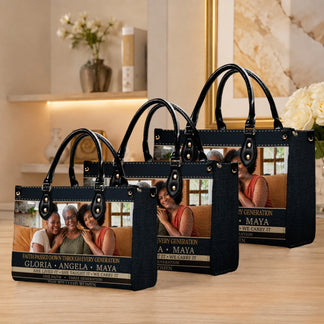 Display of personalized handbags showcasing a custom three generation family photo and faith themed family quotes.