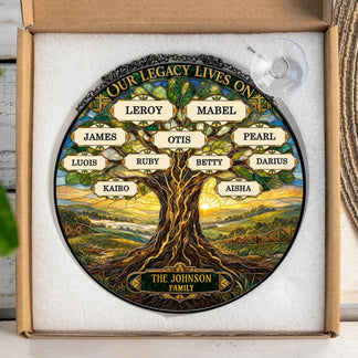 Custom family tree acrylic suncatcher gift in a box, featuring names like Otis and Ruby for a meaningful family keepsake.