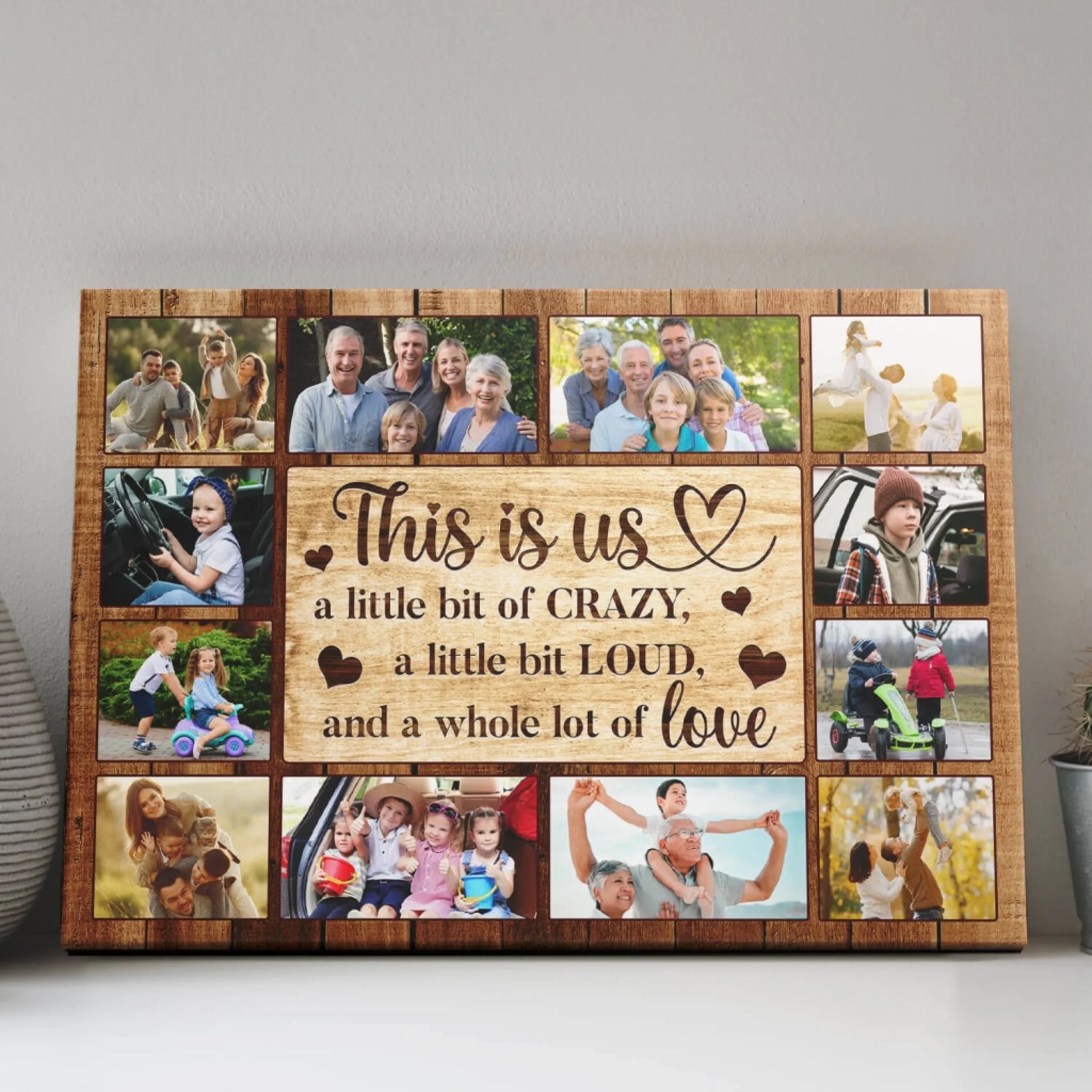 Custom family photo collage canvas with This Is Us text and rustic wood background, perfect for a personalized home gift.