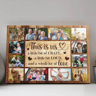 Custom family photo collage canvas with This Is Us text and rustic wood background, perfect for a personalized home gift.