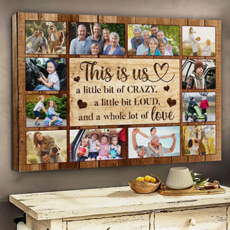 Custom family photo collage canvas with This Is Us text and rustic wood background, perfect for a personalized home gift.