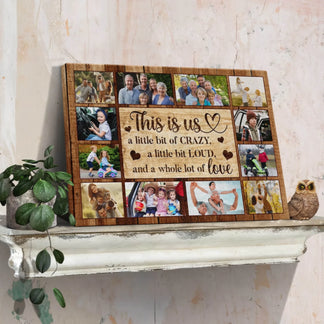 Custom family photo collage canvas with This Is Us text and rustic wood background, perfect for a personalized home gift.
