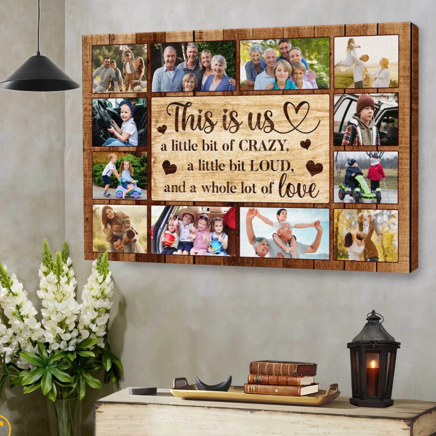 Custom family photo collage canvas with This Is Us text and rustic wood background, perfect for a personalized home gift.
