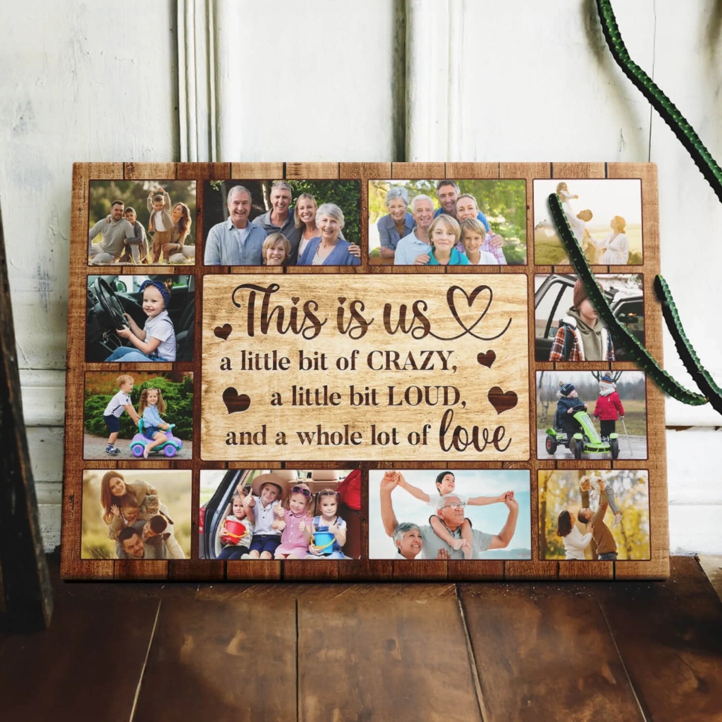 Custom family photo collage canvas with This Is Us text and rustic wood background, perfect for a personalized home gift.