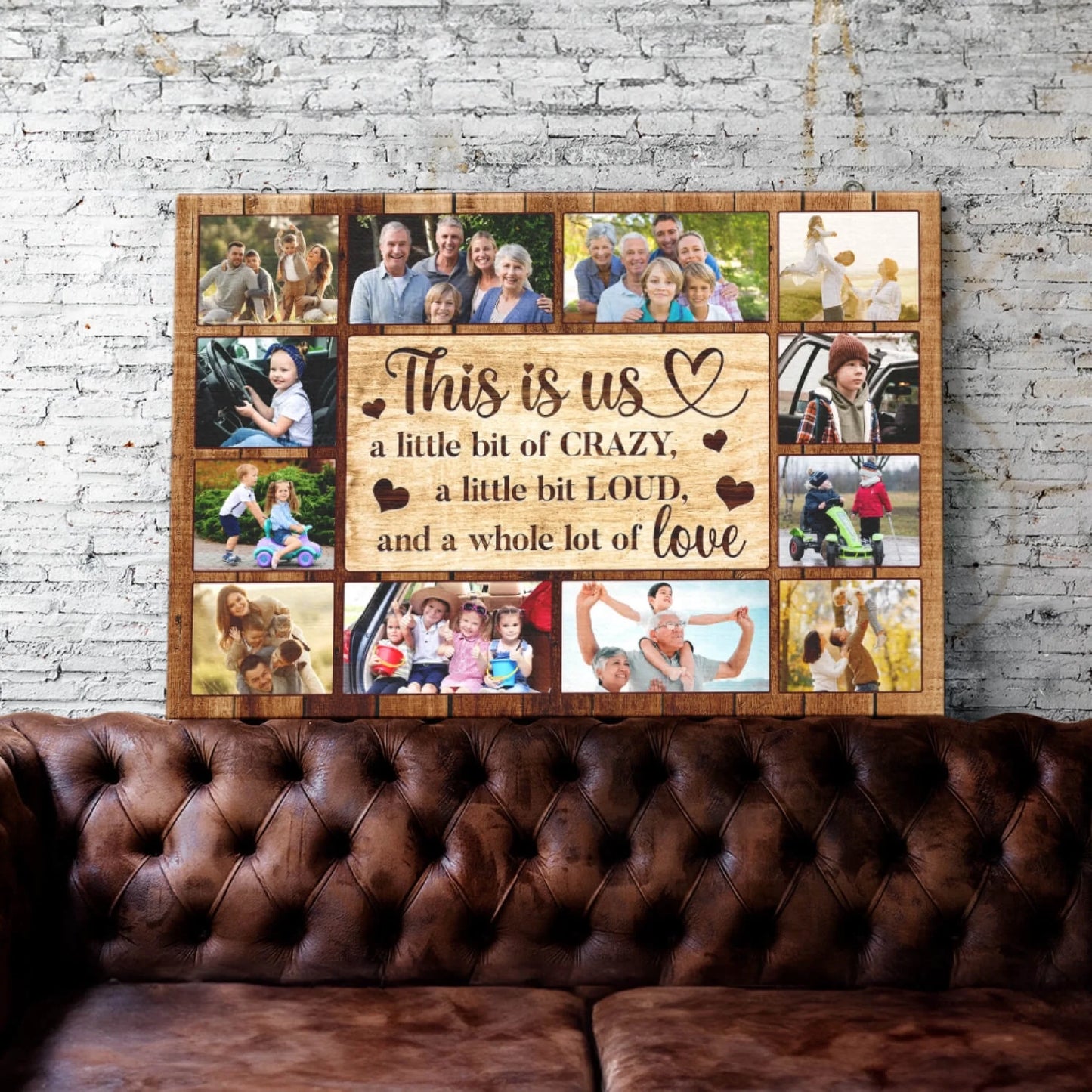 Custom family photo collage canvas with This Is Us text and rustic wood background, perfect for a personalized home gift.