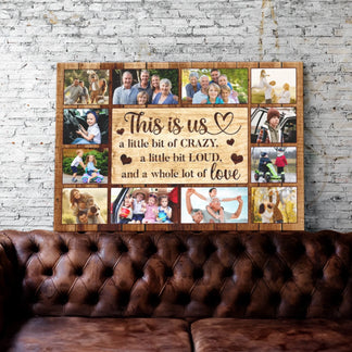 Custom family photo collage canvas with This Is Us text and rustic wood background, perfect for a personalized home gift.