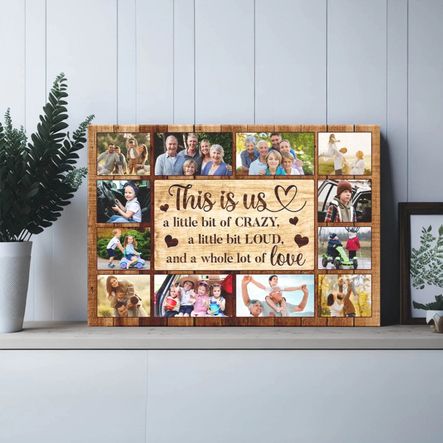 Custom family photo collage canvas with This Is Us text and rustic wood background, perfect for a personalized home gift.