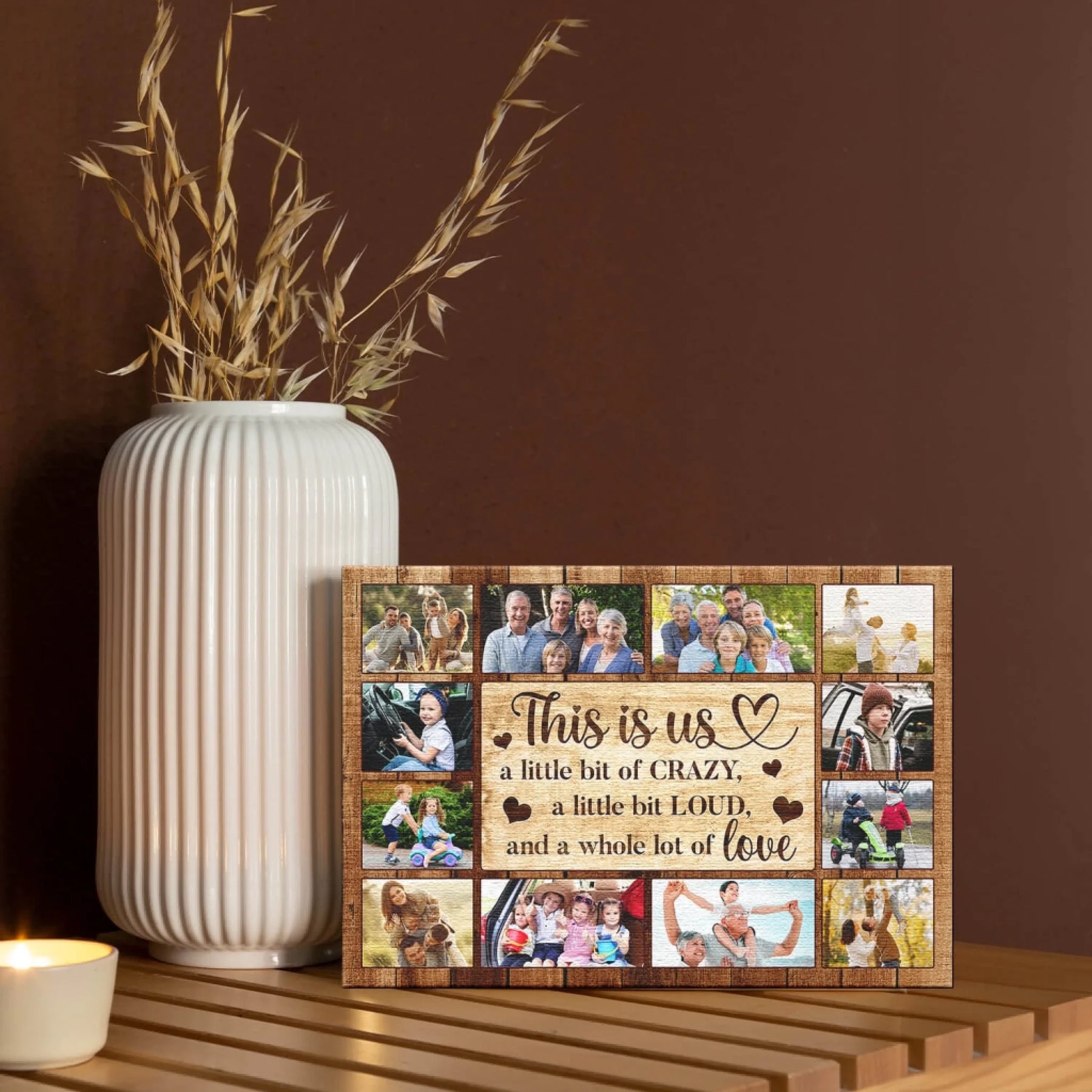 Custom family photo collage canvas with This Is Us text and rustic wood background, perfect for a personalized home gift.