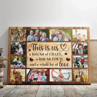 Custom family photo collage canvas with This Is Us text and rustic wood background, perfect for a personalized home gift.