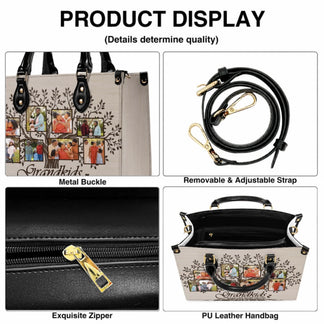 Custom PU leather handbag with family photo tree collage and grandkids quote, an ideal personalized gift for grandma.