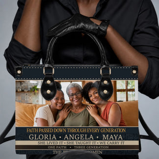 Custom handbag featuring a three generation family photo and the names Gloria Angela and Maya with a faith quote.