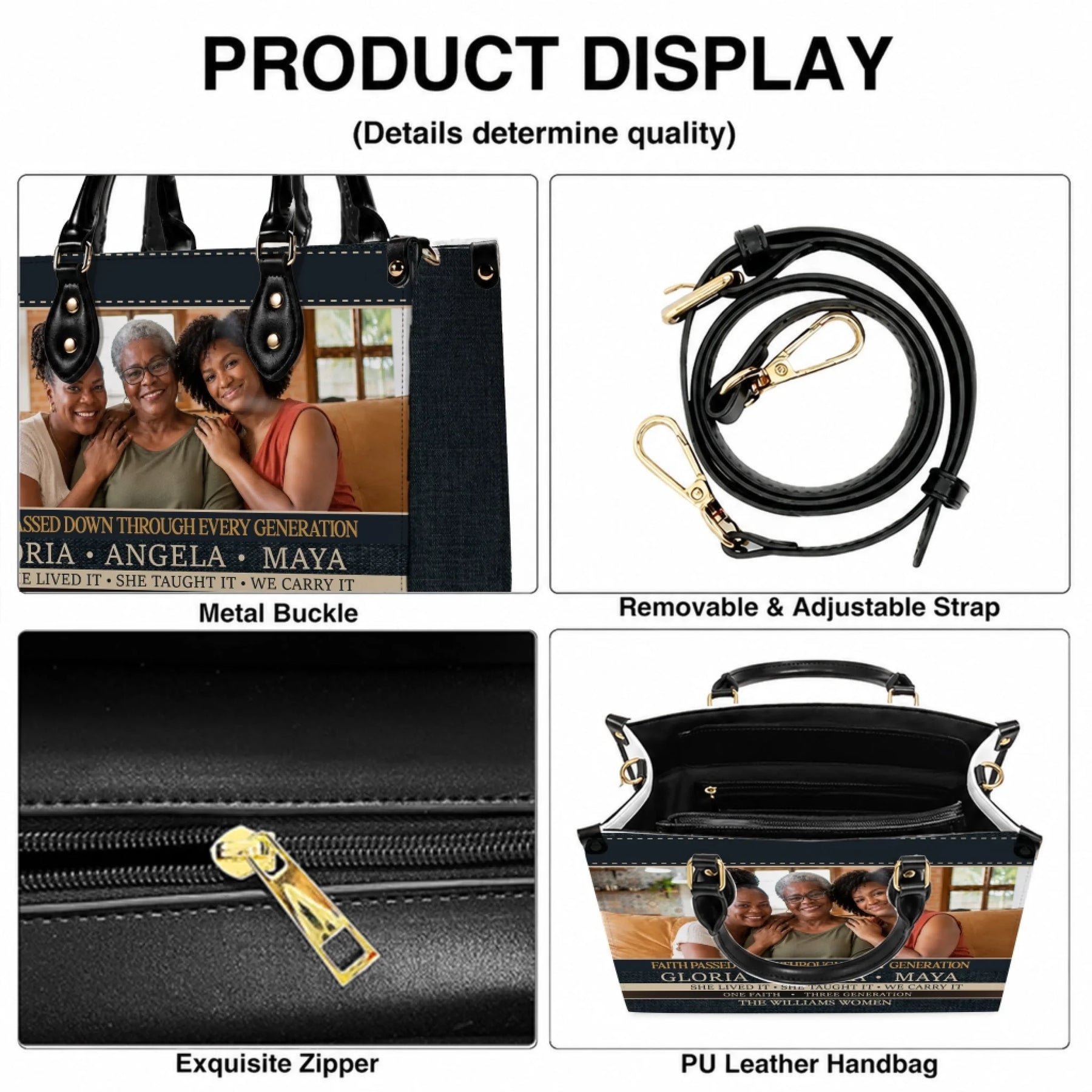 Custom family photo handbag with metal buckle and adjustable strap, featuring personalized text for a mother daughter gift.