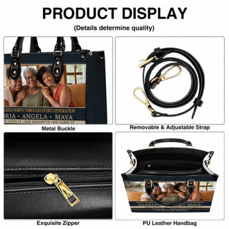 Custom family photo handbag with metal buckle and adjustable strap, featuring personalized text for a mother daughter gift.