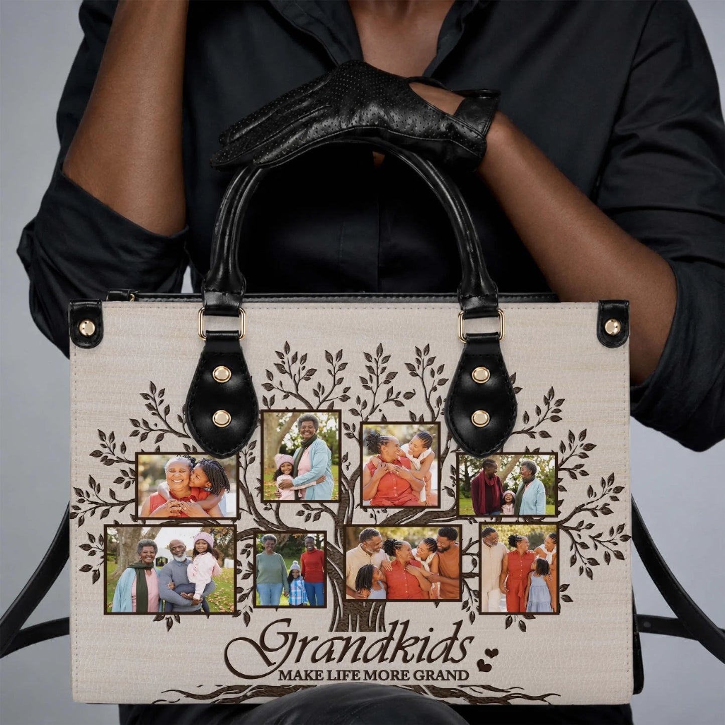 Custom family photo handbag featuring a tree design and Grandkids Make Life More Grand text for a thoughtful grandma gift.