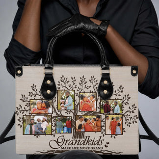 Custom family photo handbag featuring a tree design and Grandkids Make Life More Grand text for a thoughtful grandma gift.