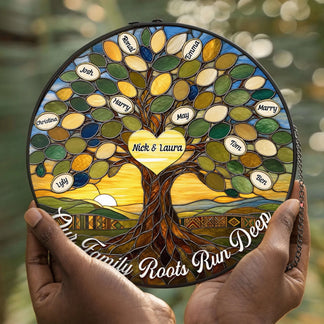Close up of hands holding a beautiful circular stained glass suncatcher with a family tree design and the engraved quote Our Family Roots Run Deep.