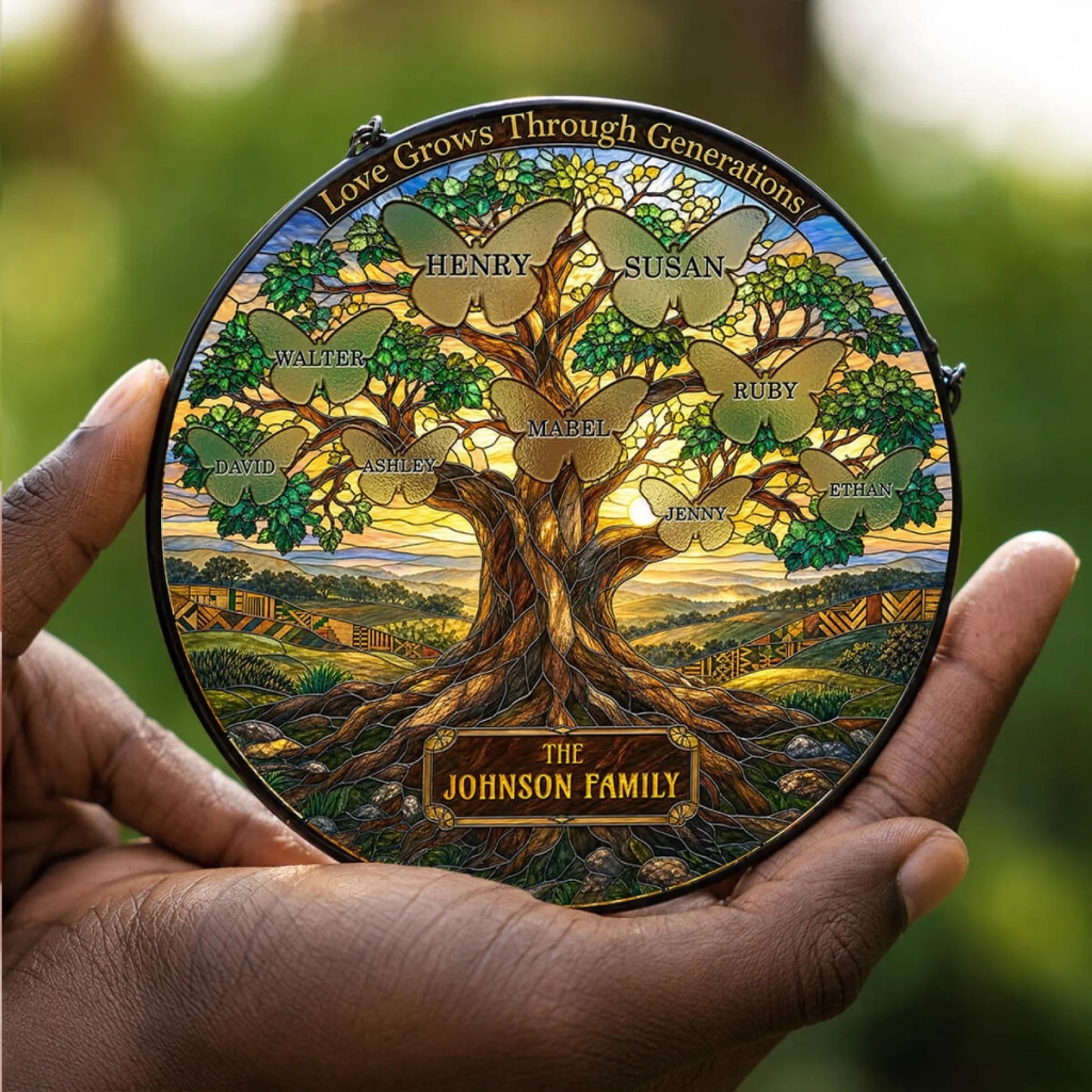 A hand-held round stained glass suncatcher featuring a personalized Johnson family tree design with butterfly motifs for home display.