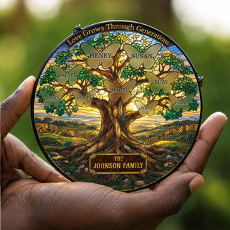 A hand-held round stained glass suncatcher featuring a personalized Johnson family tree design with butterfly motifs for home display.