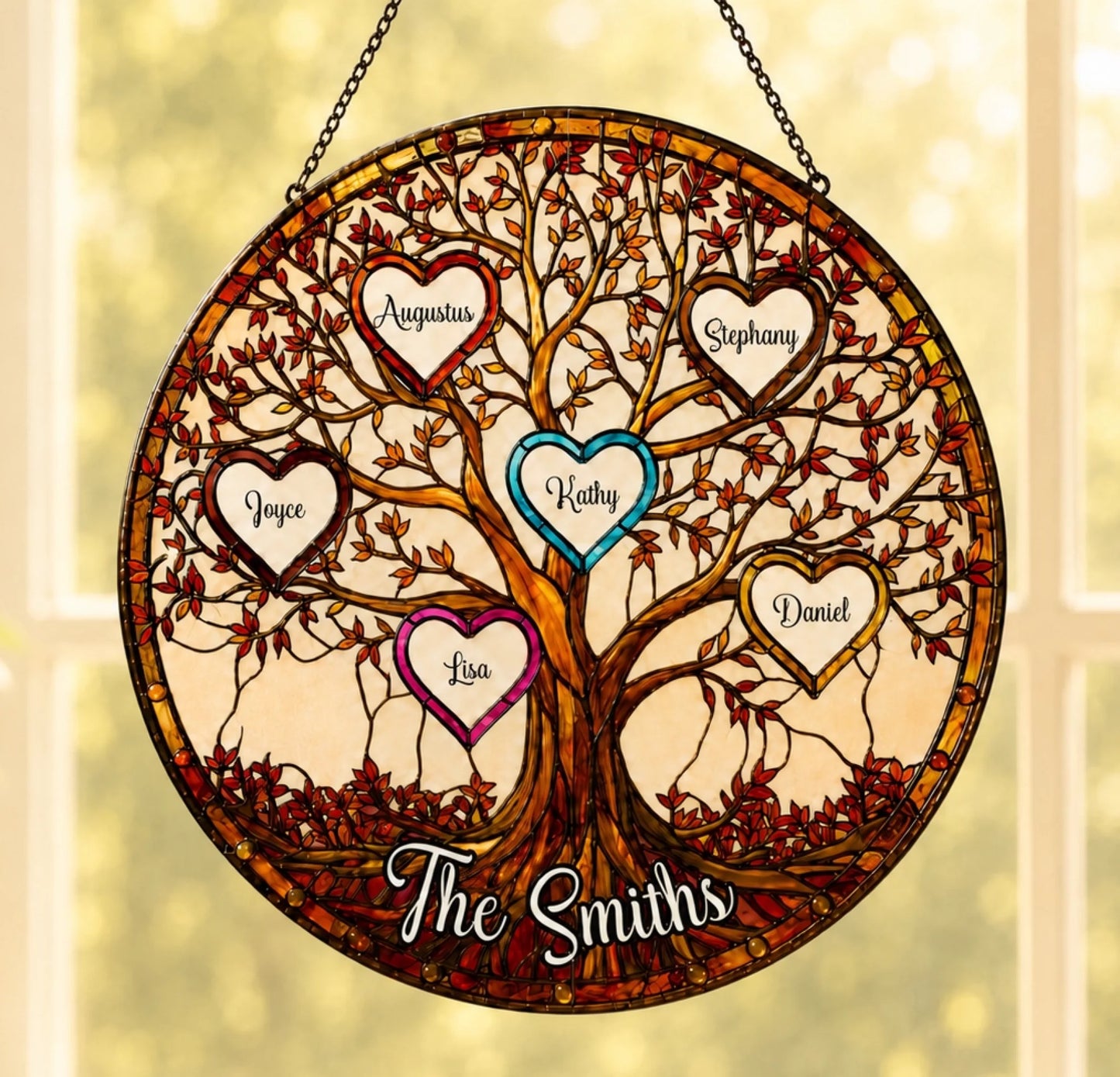 Custom family tree glass suncatcher featuring five hanging heart ornaments engraved with individual family names.
