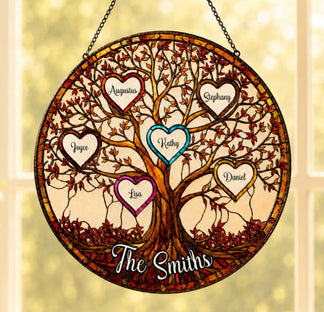 Custom family tree glass suncatcher featuring five hanging heart ornaments engraved with individual family names.