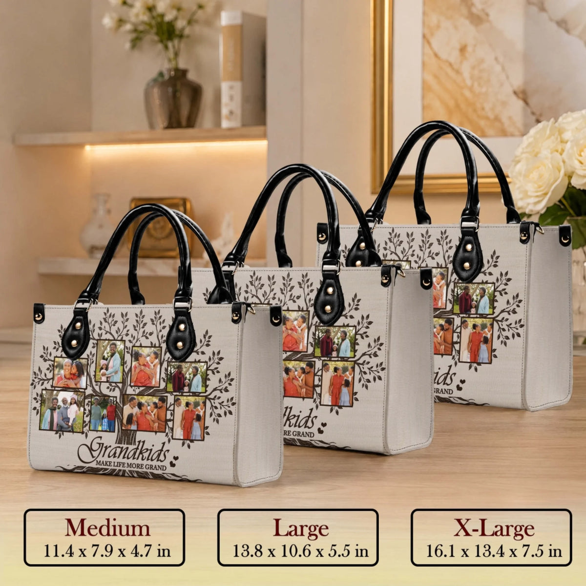 Selection of custom photo family tree handbags available in medium large and extra large sizes for personalized gifts.