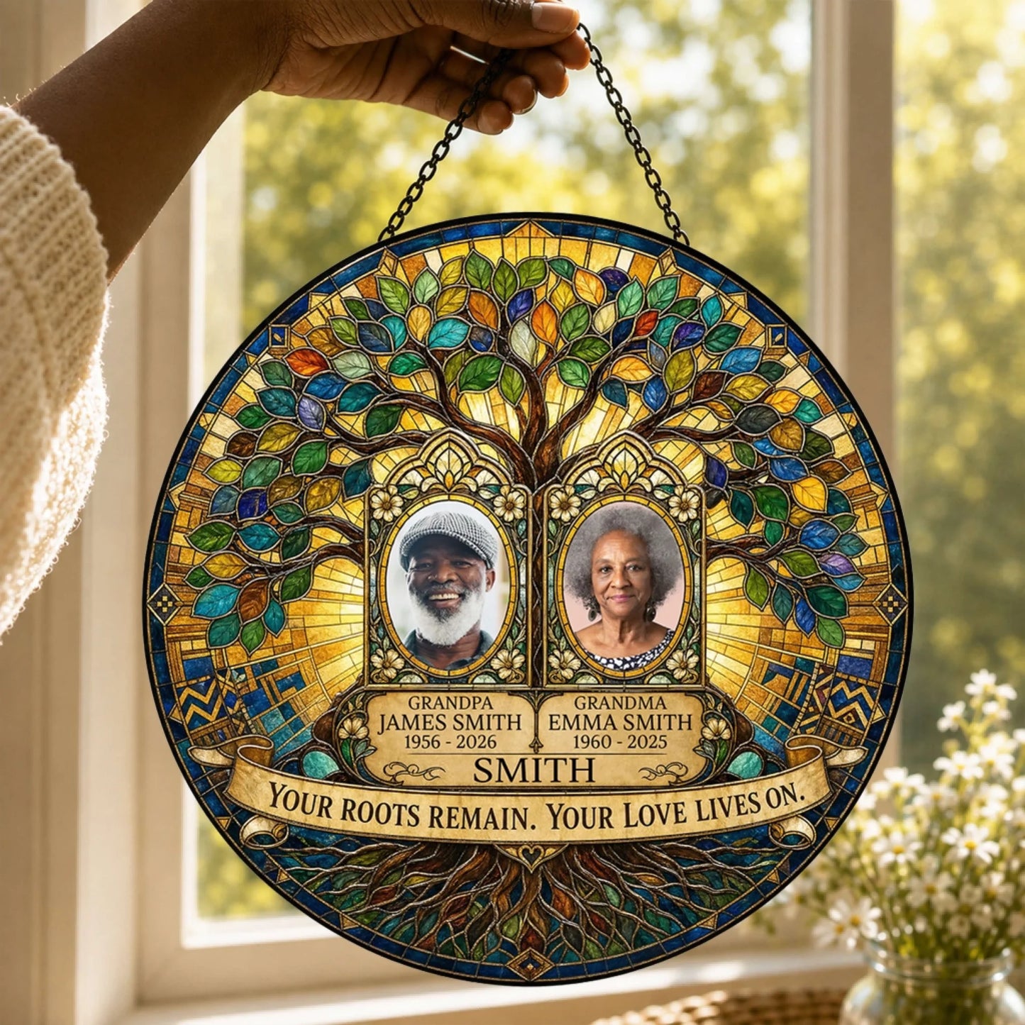 Custom family memorial suncatcher featuring a stained glass tree design with photos, names, and remembrance dates.