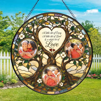 Hanging stained glass suncatcher with family photos and heart tree design makes a meaningful gift for family members